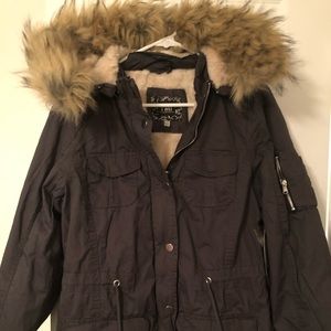 YMI Charcoal Faux Fur Lined Long Hooded Coat NWT